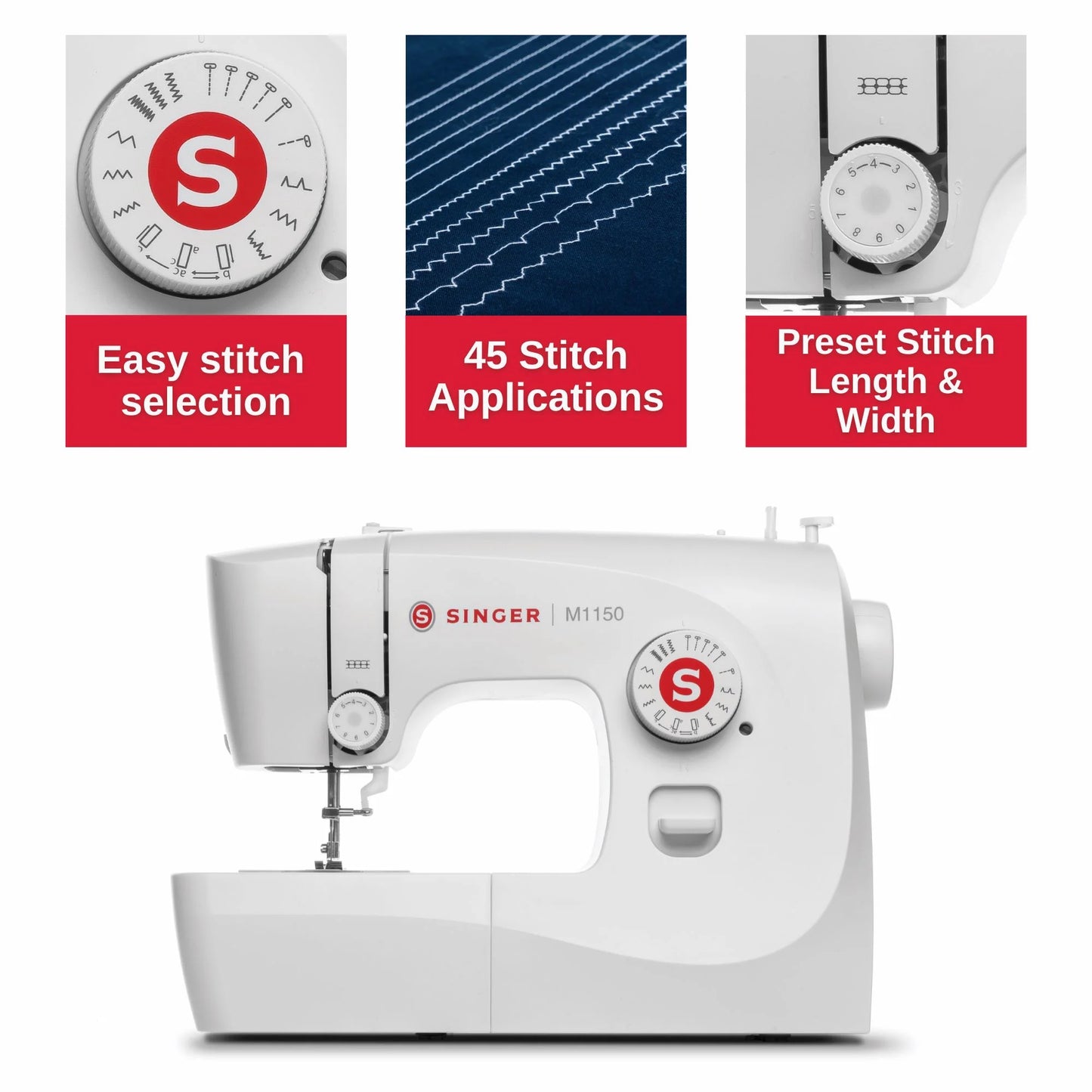 SINGER M1150 Maquina de Coser Mecanica con 45 Aplicaciones de Puntadas Luz LED y Ojal de 1 Paso Gran Valor para Regalar Blanco