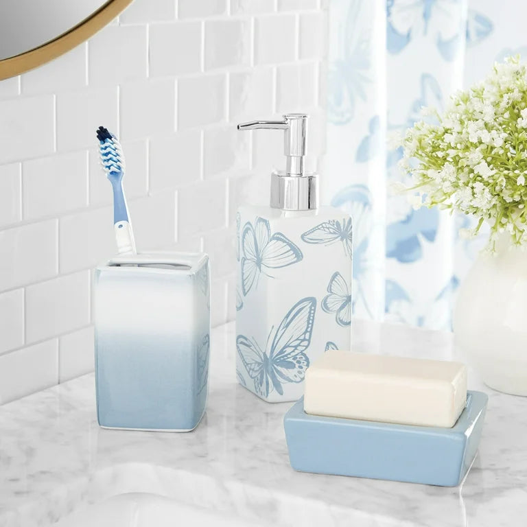 Mainstays Juego de Accesorios de Baño y Cortina de Ducha de Poliéster/cerámica de 17 Piezas, Azul y Blanco