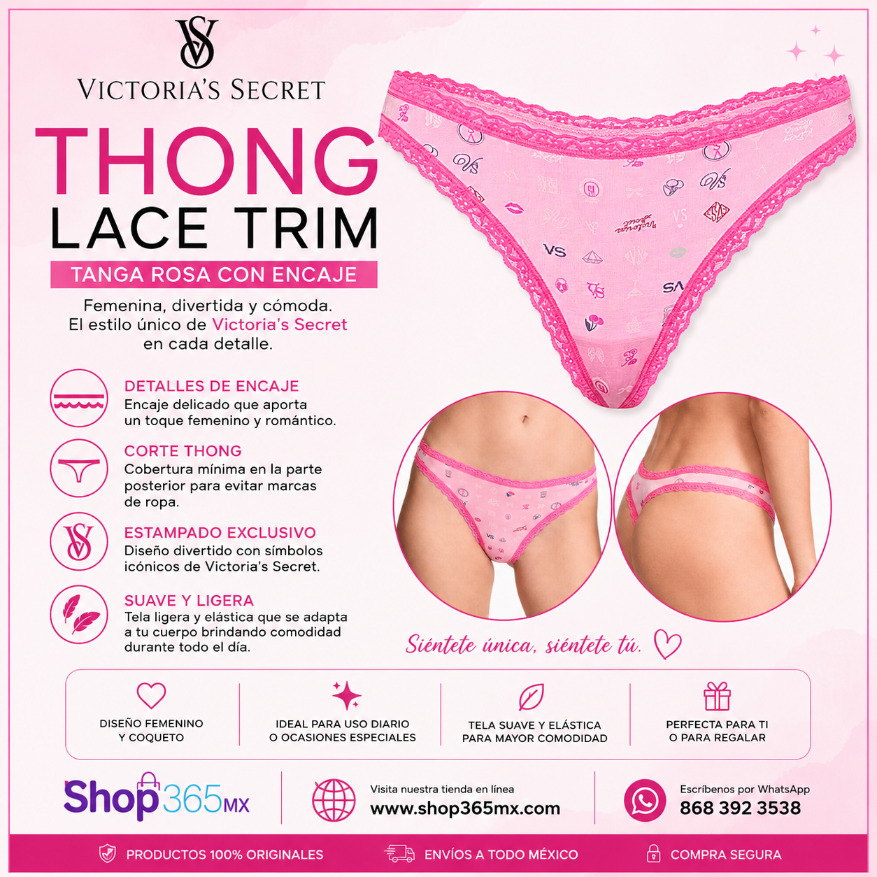 Victoria’s Secret Logo Print Lace Trim Thong – Tanga Rosa con Encaje