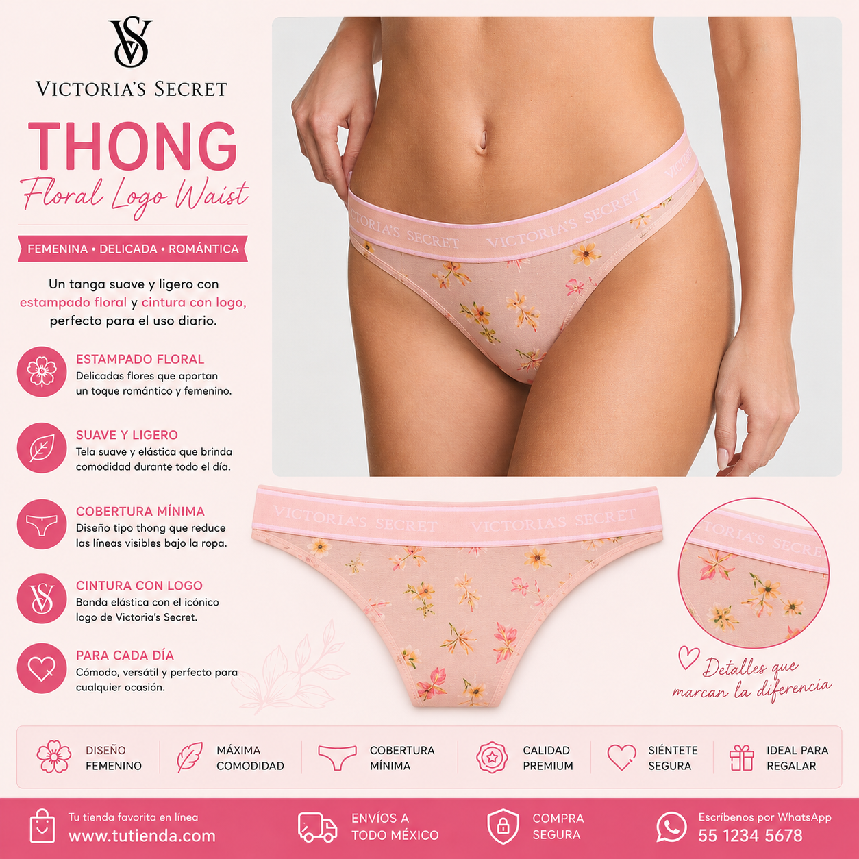 Victoria’s Secret Floral Logo Waist Thong – Tanga Rosa con Estampado Floral