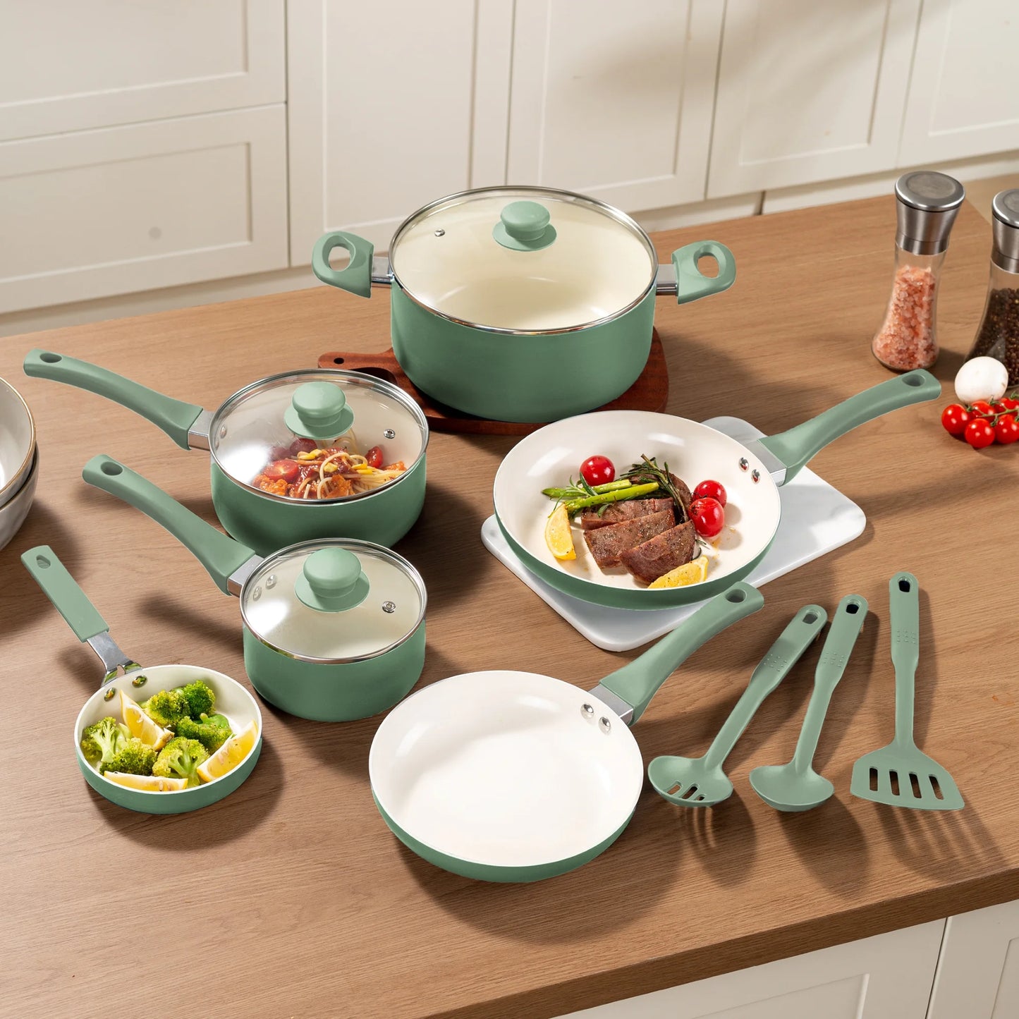 Mainstays Batería de Cocina de Aluminio Cerámico 12 Piezas Verde Antiadherente