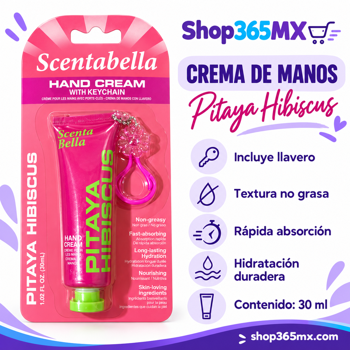Crema de Manos Scentabella Pitaya Hibiscus con Llavero · 30 ml