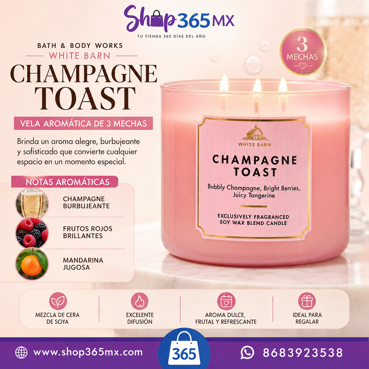 Vela Champagne Toast 3 Mechas Bath & Body Works White Barn – 14.5 oz / 411 g