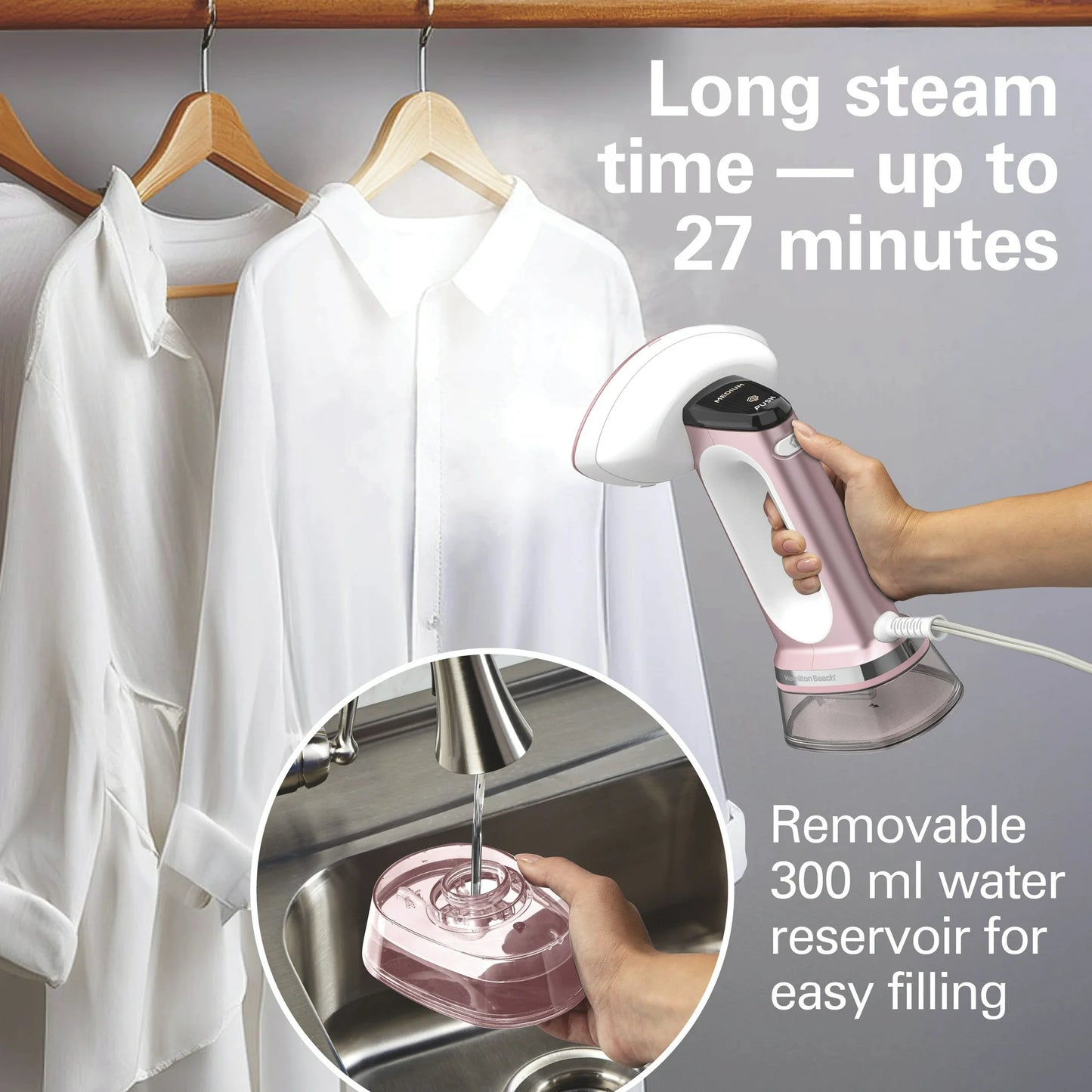 Hamilton Beach Vaporizador/hierro para Ropa 3 en 1: Versátil, Control de Vapor Ajustable y Selección de Telas
