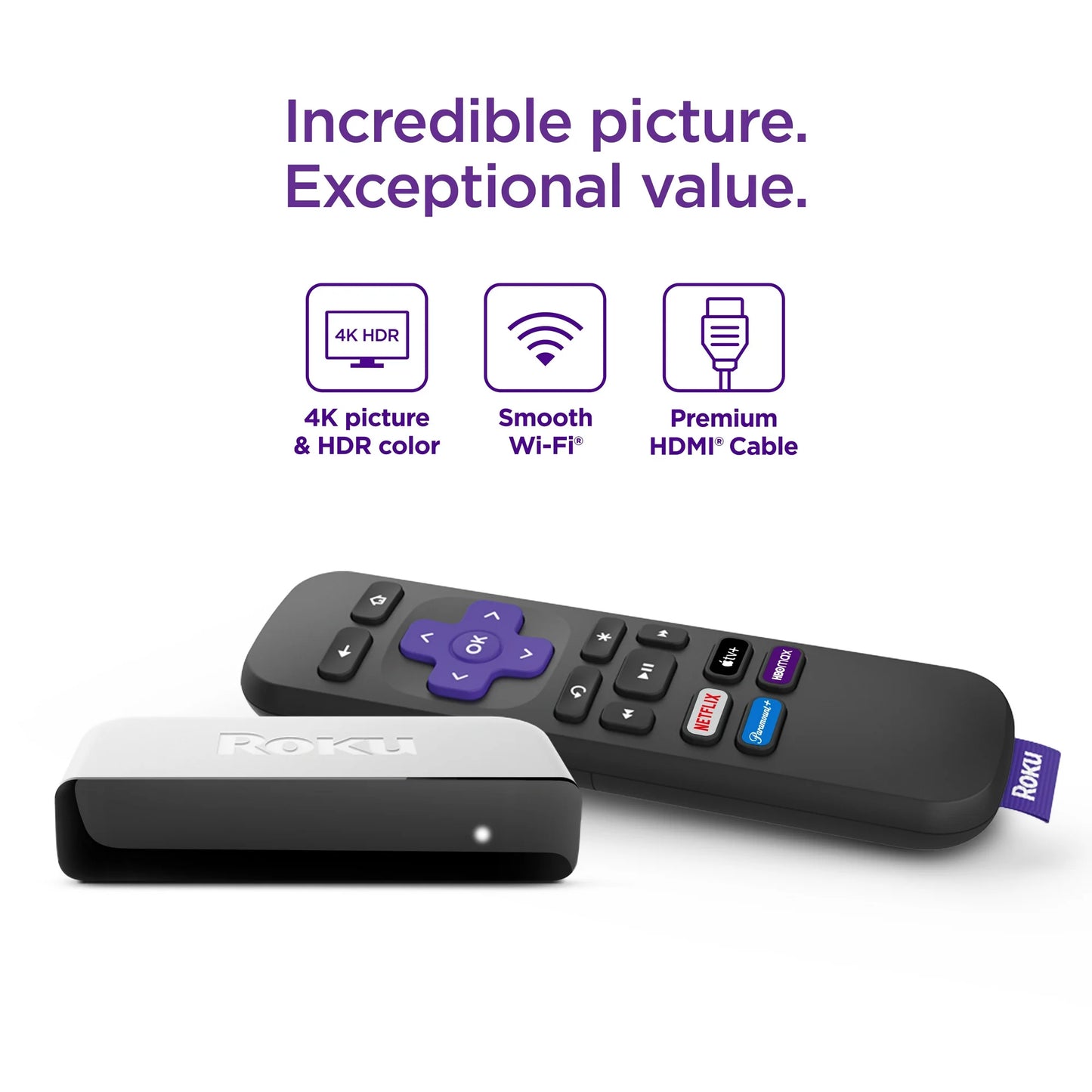 Roku Premiere  Reproductor Multimedia de Transmisión 4K HDR Habilitado para WiFi con Cable HDMI de Alta Velocidad Premium y Control Remoto Estandar
