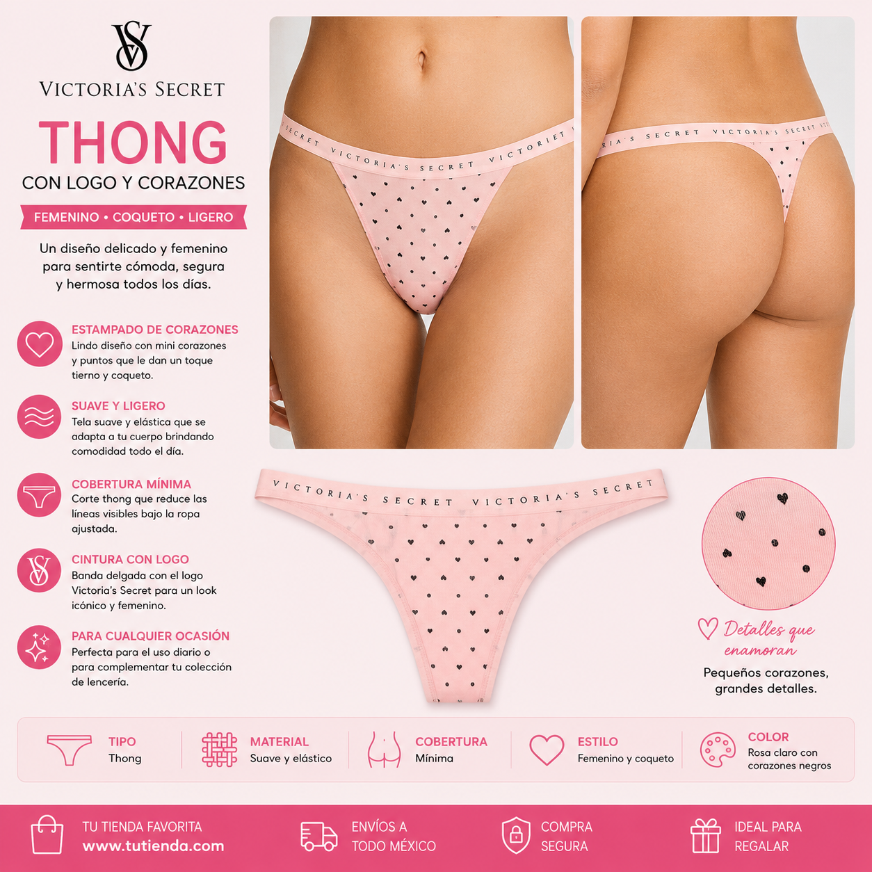 Victoria’s Secret Logo Waist Thong Rosa con Mini Corazones – Tanga Mujer
