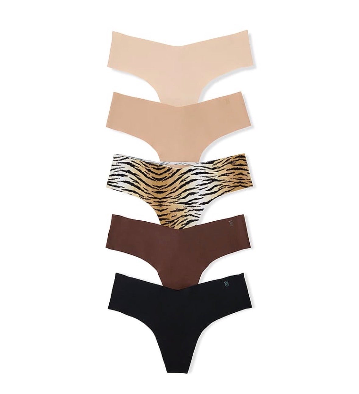 Victoria’s Secret 5-Pack No-Show Thong Panties Multicolor Nude y Animal Print