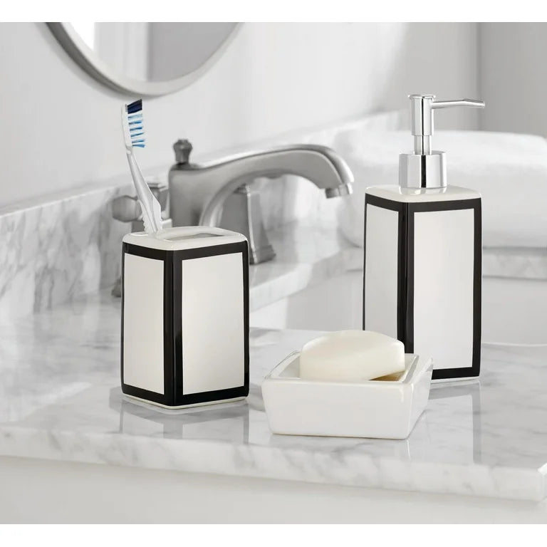 Mainstays Juego de Accesorios de Baño y Cortina de Ducha de Poliéster/cerámica con Estampado de Damasco Ikat de 17 Piezas, Negro