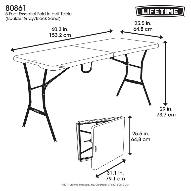 Lifetime Mesa rectangular plegable por la mitad de 5 pies, esencial para interiores y exteriores, gris, 153cm x 65cm (80861)