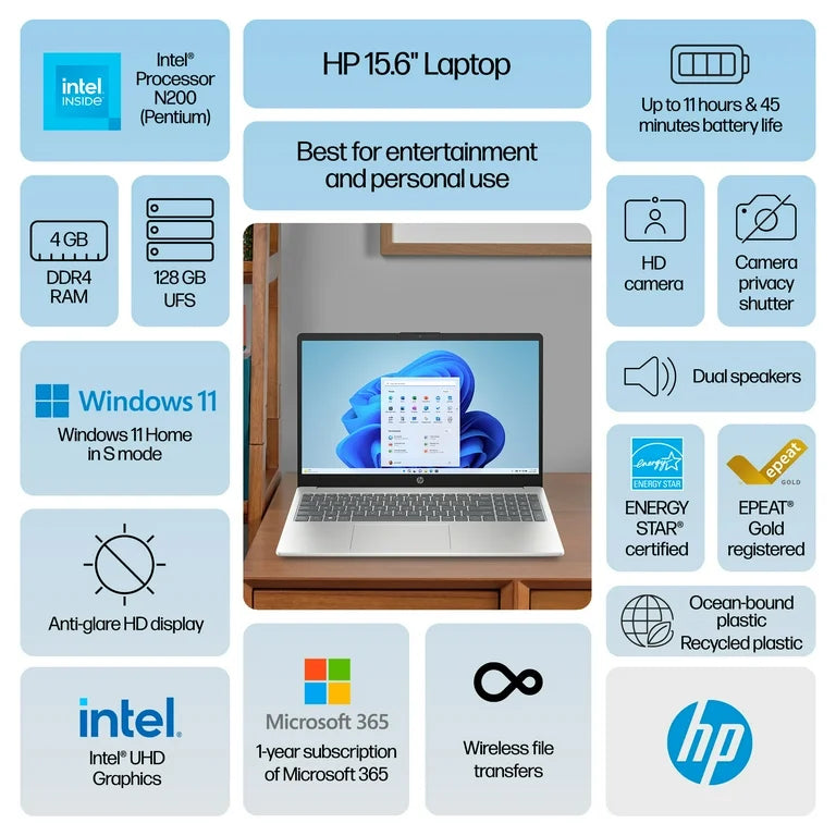Portátil HP de 15,6", procesador Intel N200, 4 GB de RAM, 128 GB UFS, azul, Windows 11 Home en modo S, 15-fd0081wm
