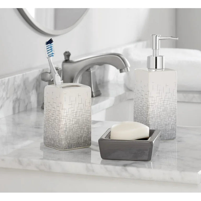 Mainstays Juego de Accesorios de Baño y Cortina de Ducha de Poliéster/cerámica de 17 Piezas, Gris