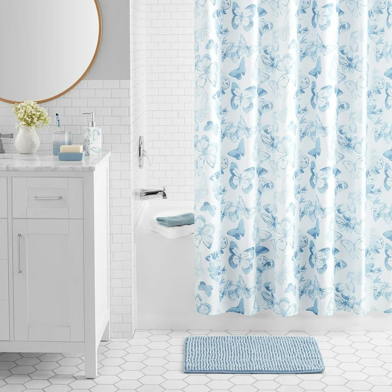 Mainstays Juego de Accesorios de Baño y Cortina de Ducha de Poliéster/cerámica de 17 Piezas, Azul y Blanco