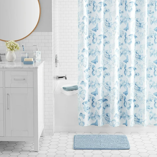 Mainstays Juego de Accesorios de Baño y Cortina de Ducha de Poliéster/cerámica de 17 Piezas, Azul y Blanco