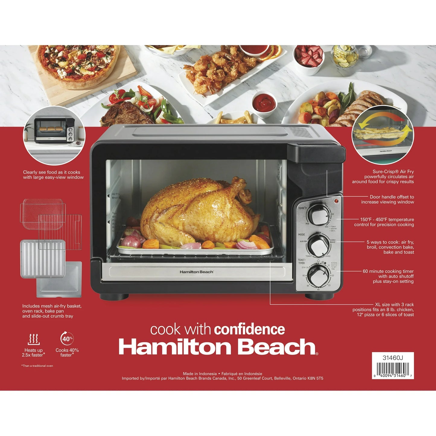 Hamilton Beach Easy View XL Horno Tostador con Freidora de Aire con Sure-crisp, 1750W, Capacidad para 6 Rebanadas, 31460
