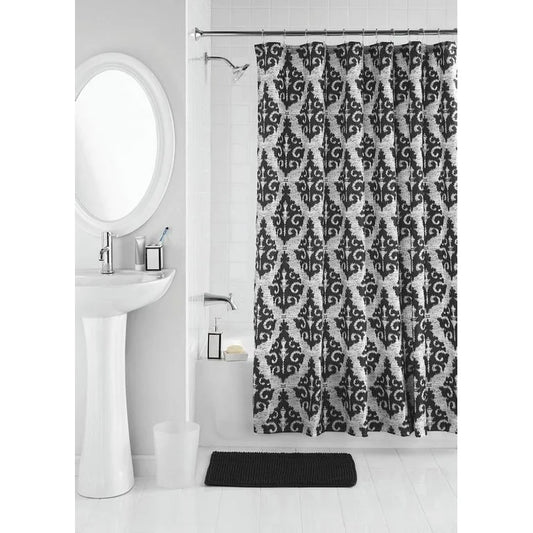 Mainstays Juego de Accesorios de Baño y Cortina de Ducha de Poliéster/cerámica con Estampado de Damasco Ikat de 17 Piezas, Negro