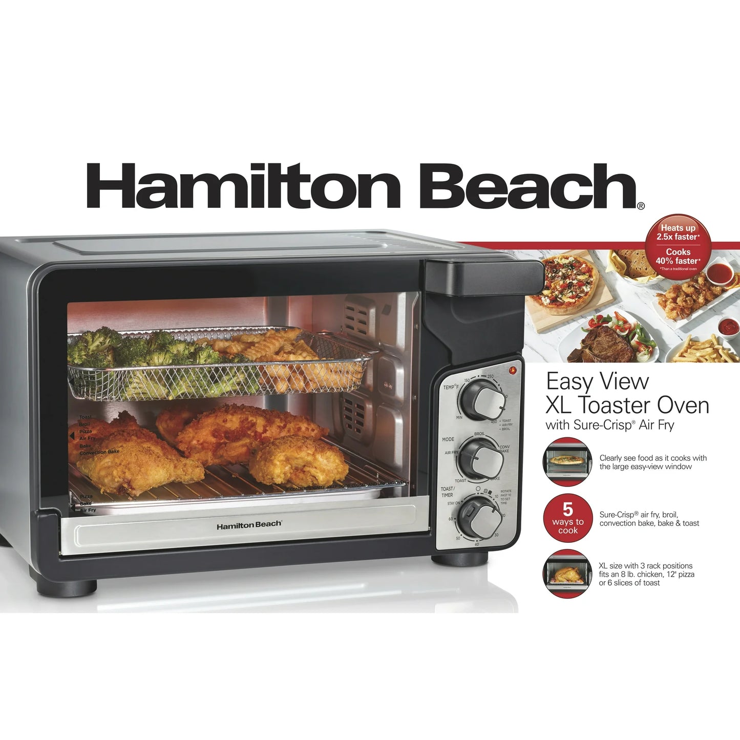Hamilton Beach Easy View XL Horno Tostador con Freidora de Aire con Sure-crisp, 1750W, Capacidad para 6 Rebanadas, 31460