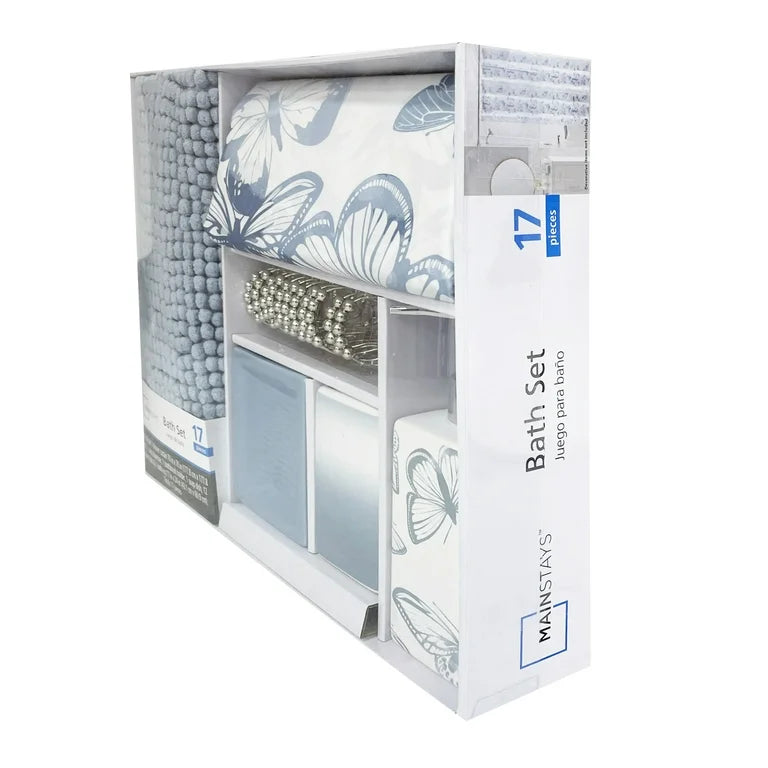 Mainstays Juego de Accesorios de Baño y Cortina de Ducha de Poliéster/cerámica de 17 Piezas, Azul y Blanco
