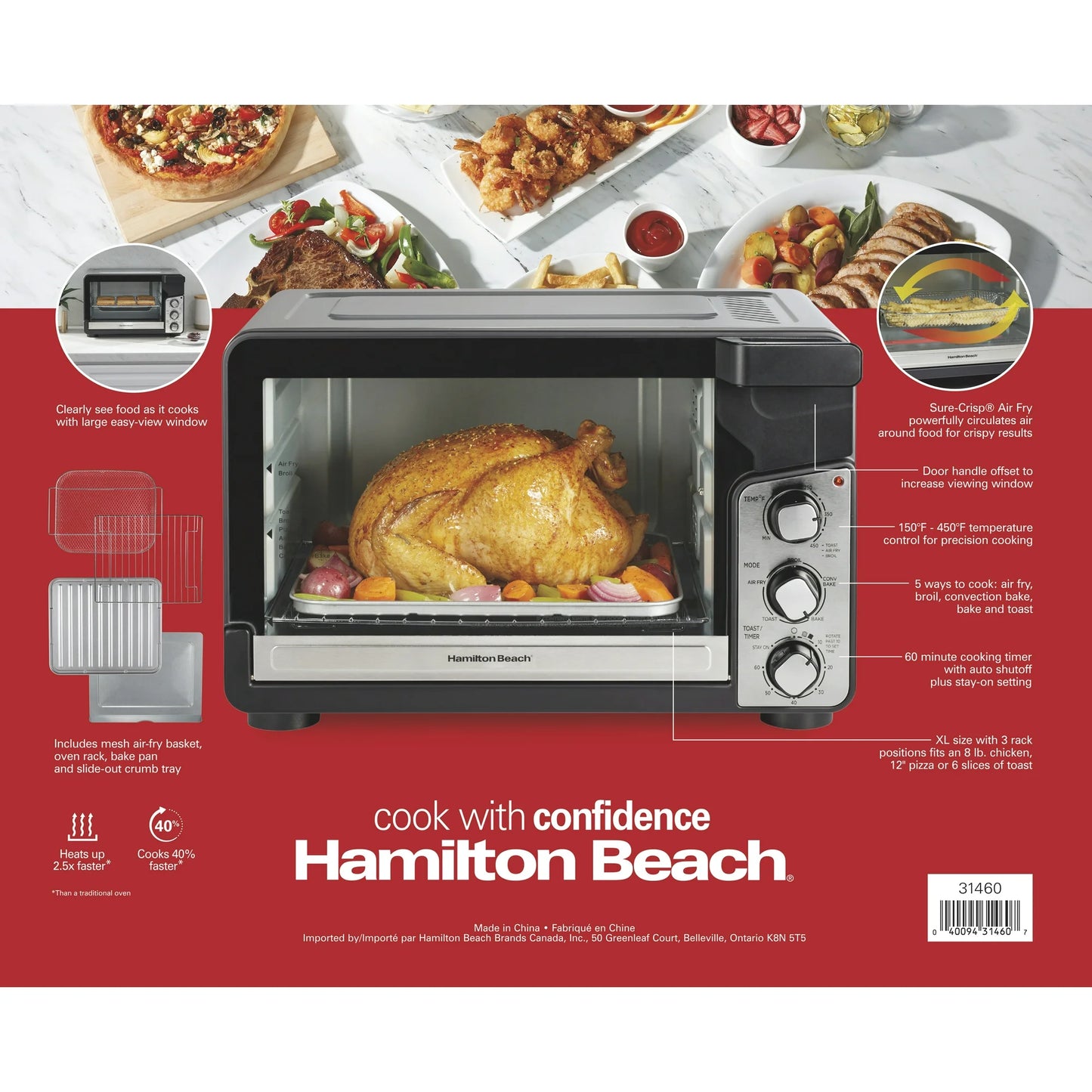 Hamilton Beach Easy View XL Horno Tostador con Freidora de Aire con Sure-crisp, 1750W, Capacidad para 6 Rebanadas, 31460