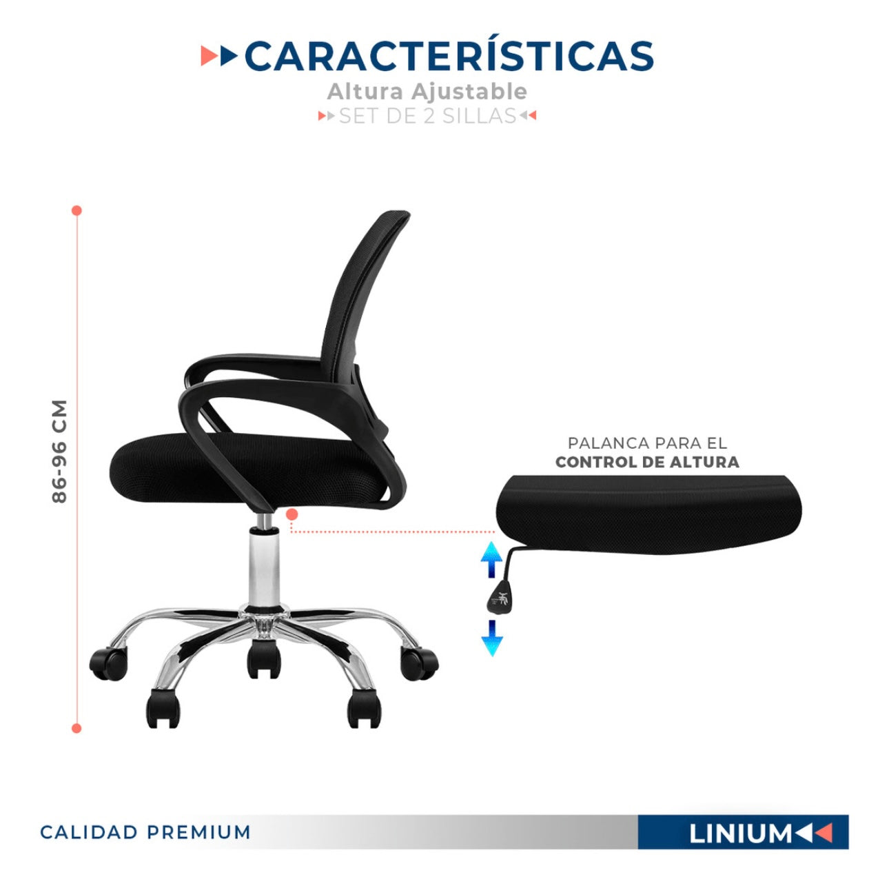 Silla para oficina escritorio ergonomica Premium Set 2 piezas color negro material de tapizado malla