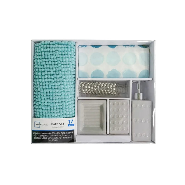Mainstays Juego de Accesorios de Baño y Cortina de Ducha de Poliéster/cerámica de 17 Piezas, Multicolor