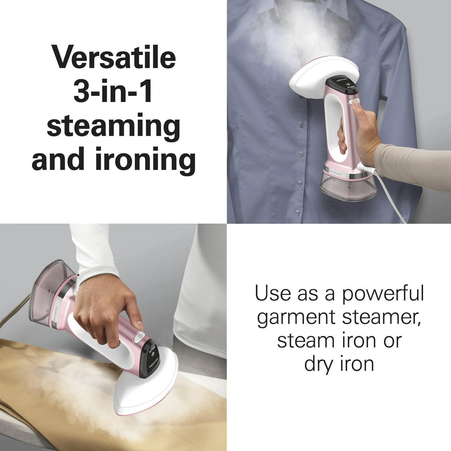 Hamilton Beach Vaporizador/hierro para Ropa 3 en 1: Versátil, Control de Vapor Ajustable y Selección de Telas