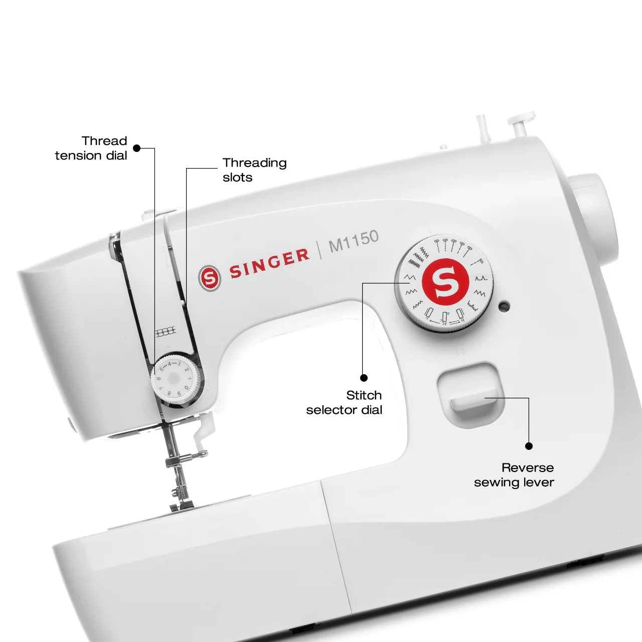 SINGER M1150 Maquina de Coser Mecanica con 45 Aplicaciones de Puntadas Luz LED y Ojal de 1 Paso Gran Valor para Regalar Blanco