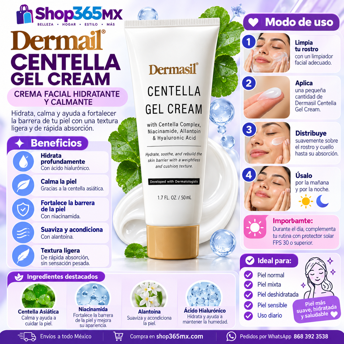 Dermasil Centella Gel Cream – Crema Facial Hidratante con Centella Asiática, Niacinamida y Ácido Hialurónico 50 ml