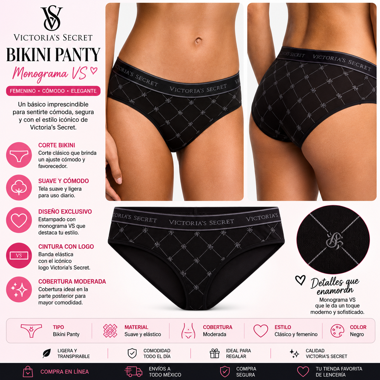 Victoria’s Secret Bikini Panty Negro con Monograma VS y Cintura Logo