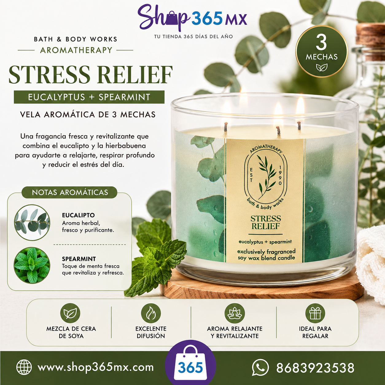 Vela Stress Relief Eucalyptus + Spearmint 3 Mechas Bath & Body Works Aromatherapy – 14.5 oz / 411 g