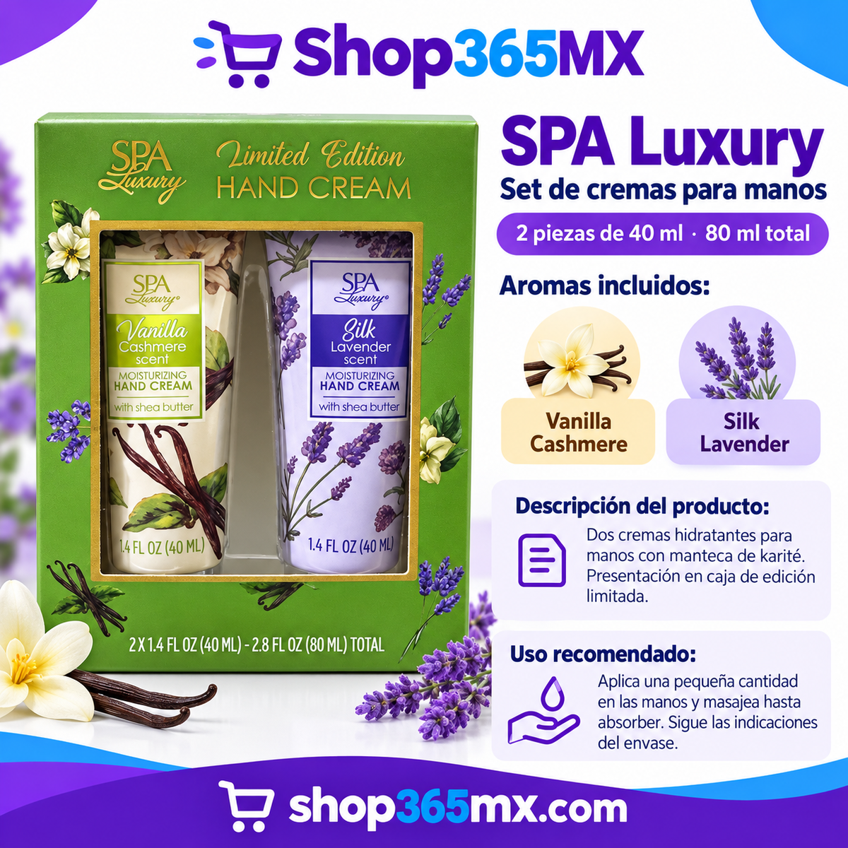 Set de Cremas para Manos SPA Luxury Vanilla Cashmere y Silk Lavender, 2 × 40 ml