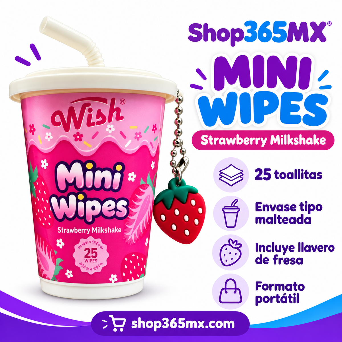 Toallitas Húmedas Wish Mini Wipes Strawberry Milkshake con Llavero · 25 piezas