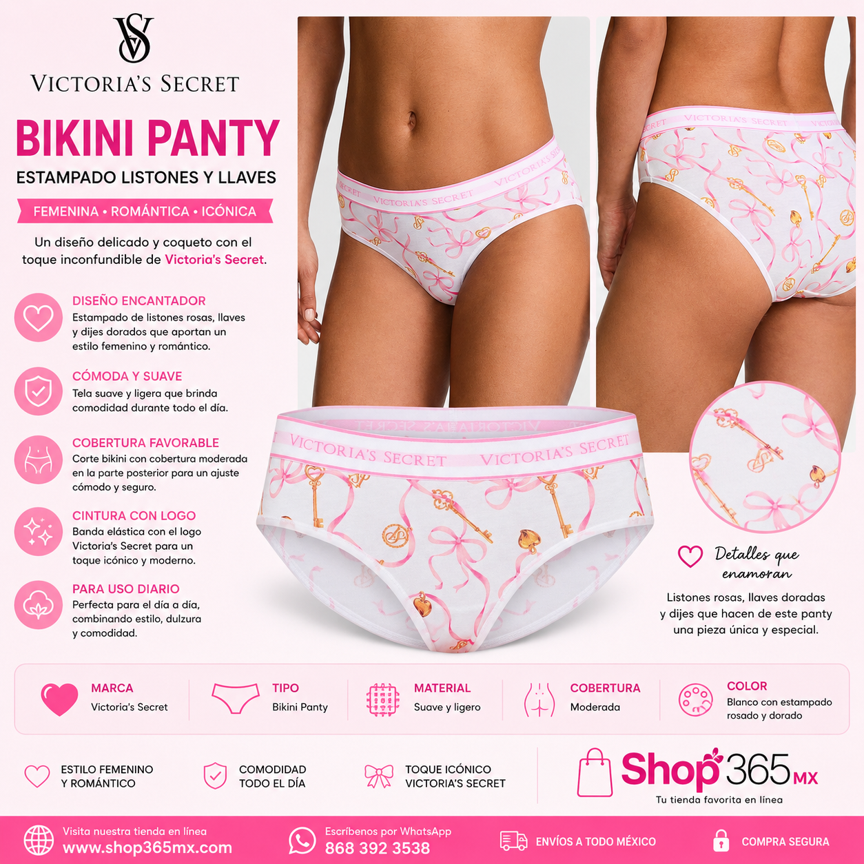 Victoria’s Secret Bikini Panty Estampado Listones y Llaves – Panty Blanco con Cintura de Logo