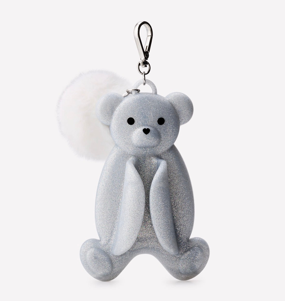 Llavero Osito Plateado con Glitter y Pompón Blanco – Accesorio para Bolsa o Mochila