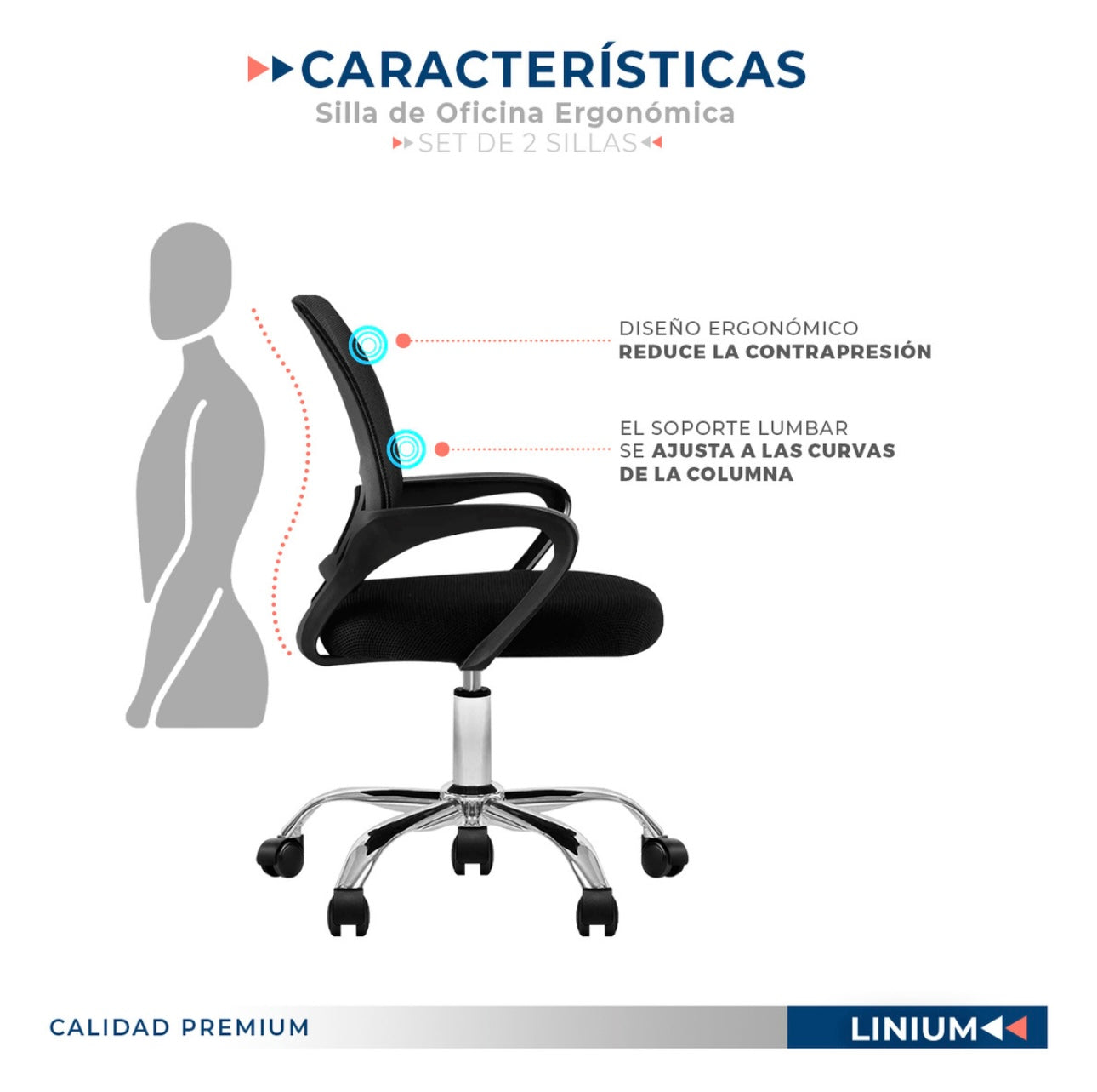 Silla para oficina escritorio ergonomica Premium Set 2 piezas color negro material de tapizado malla