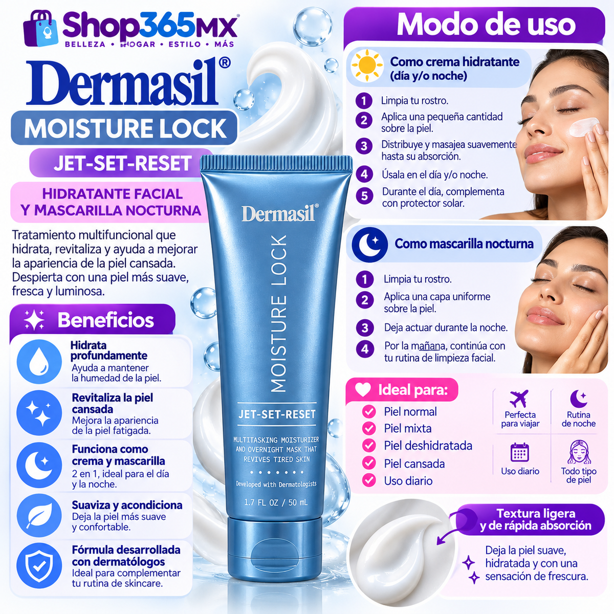 Dermasil Moisture Lock Jet-Set-Reset – Crema Facial Hidratante y Mascarilla Nocturna 50 ml