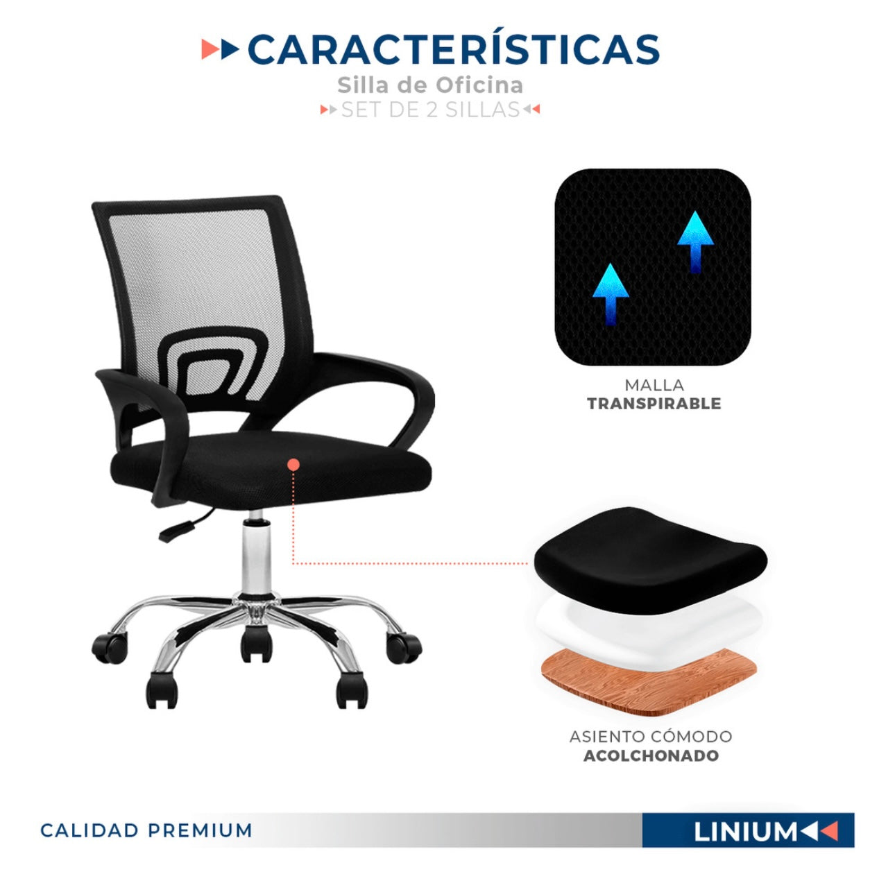 Silla para oficina escritorio ergonomica Premium Set 2 piezas color negro material de tapizado malla
