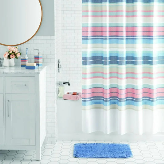 Mainstays Juego de Accesorios de Baño y Cortina de Ducha de Poliéster/cerámica a Rayas de 17 Piezas, Multicolor