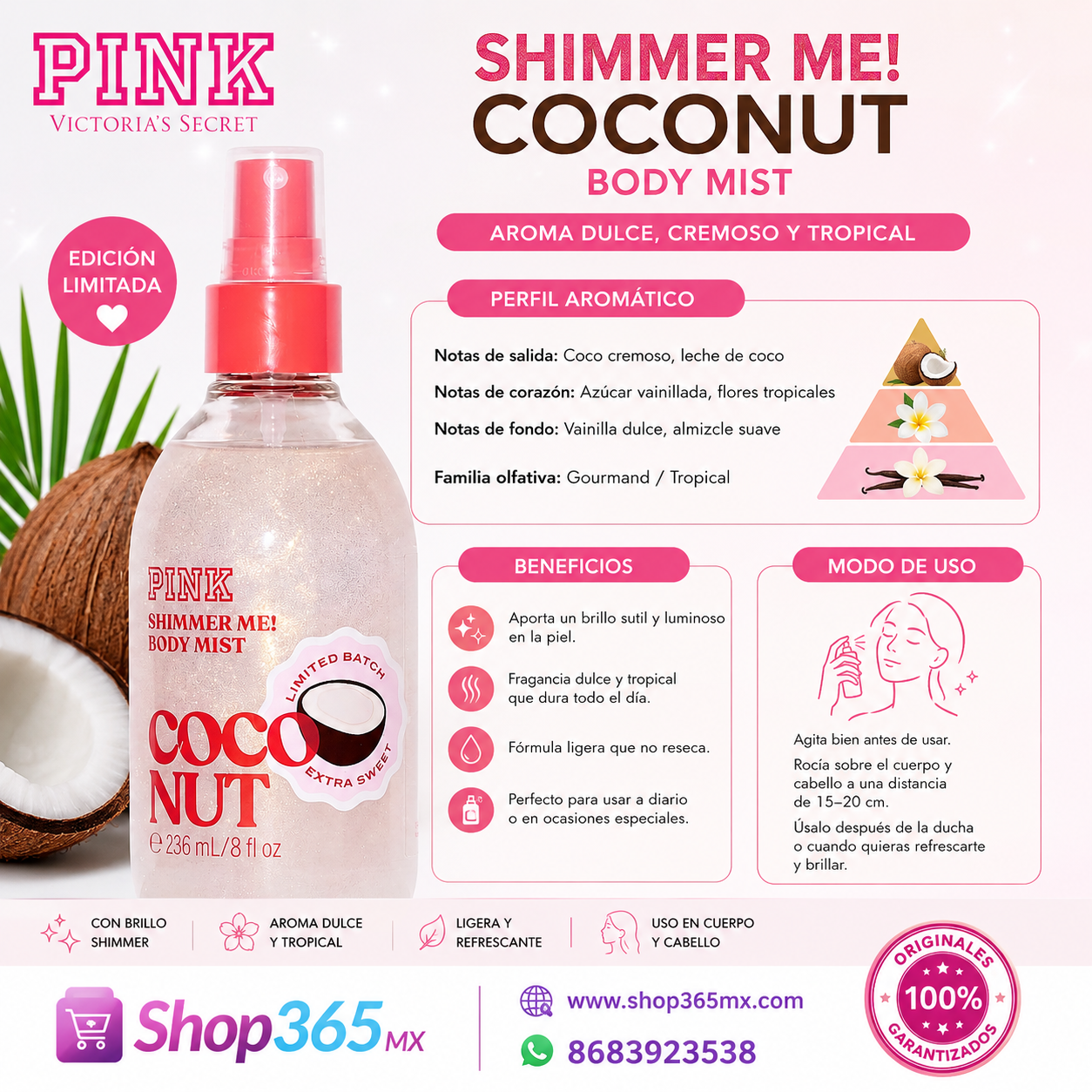 🥥✨ ¡PINK Shimmer Me! Coconut! ✨🥥 Body Mist