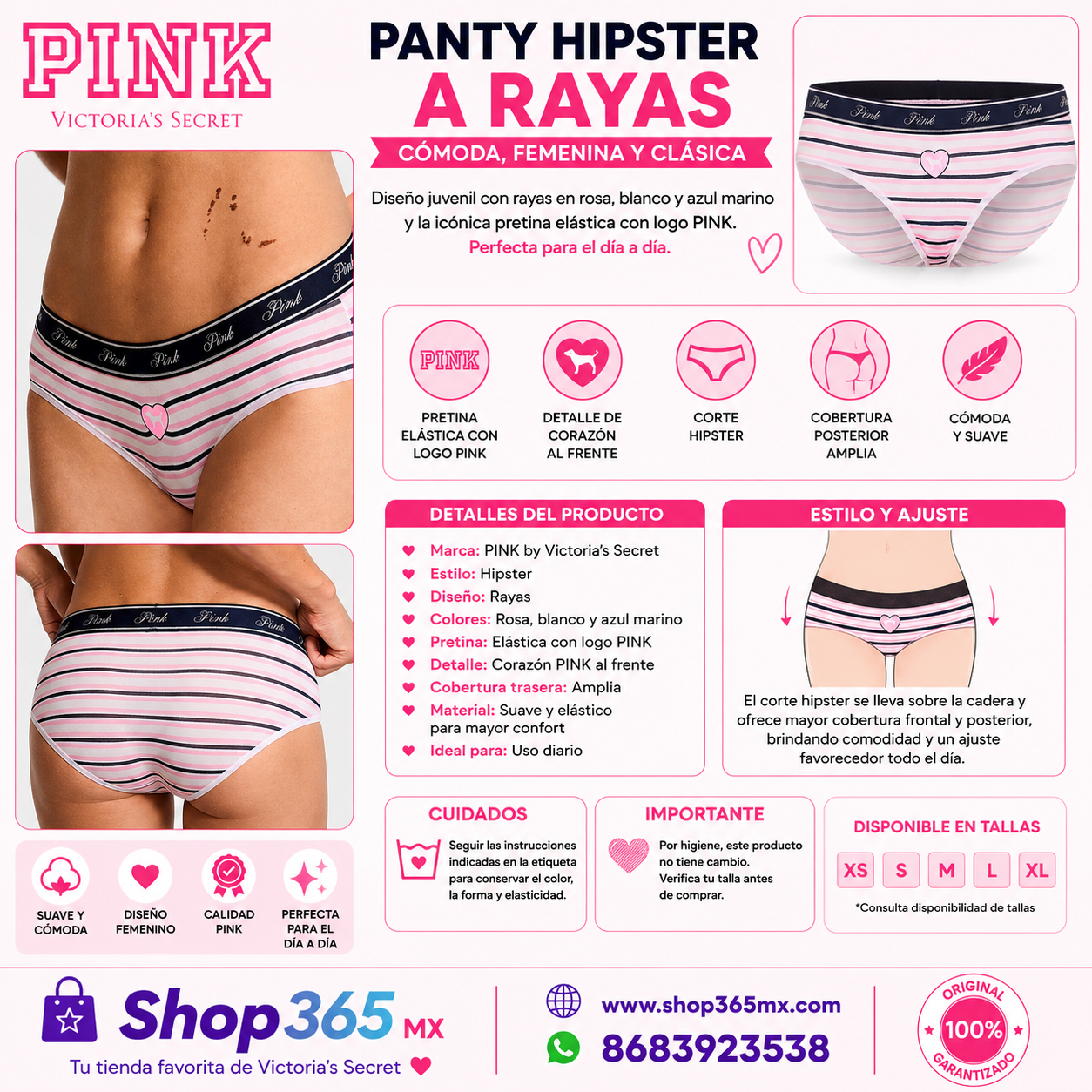 PINK by Victoria’s Secret Panty Hipster a Rayas Rosa 💗