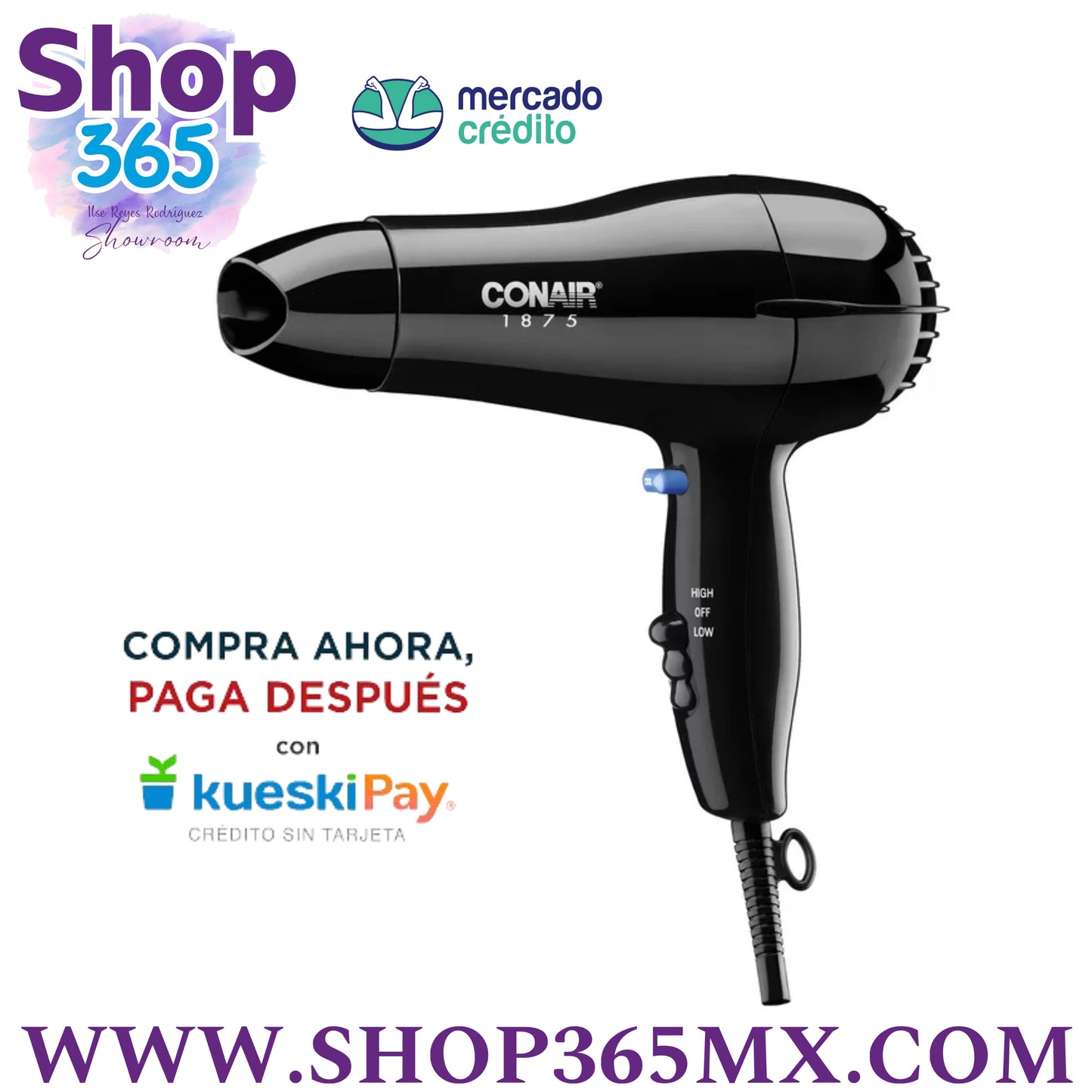 Mid Size Conair Secador de Pelo de Cerámica, 1875 Vatios, Compacto, de Secado Rápido, Negr