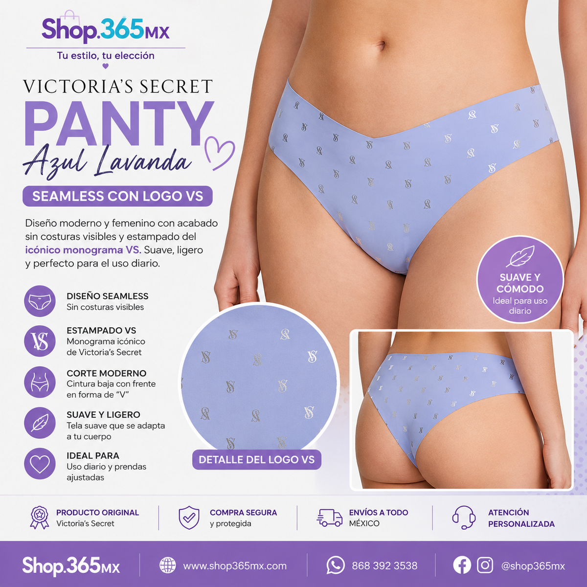 Victoria’s Secret Panty Seamless Azul Lavanda con Logo VS