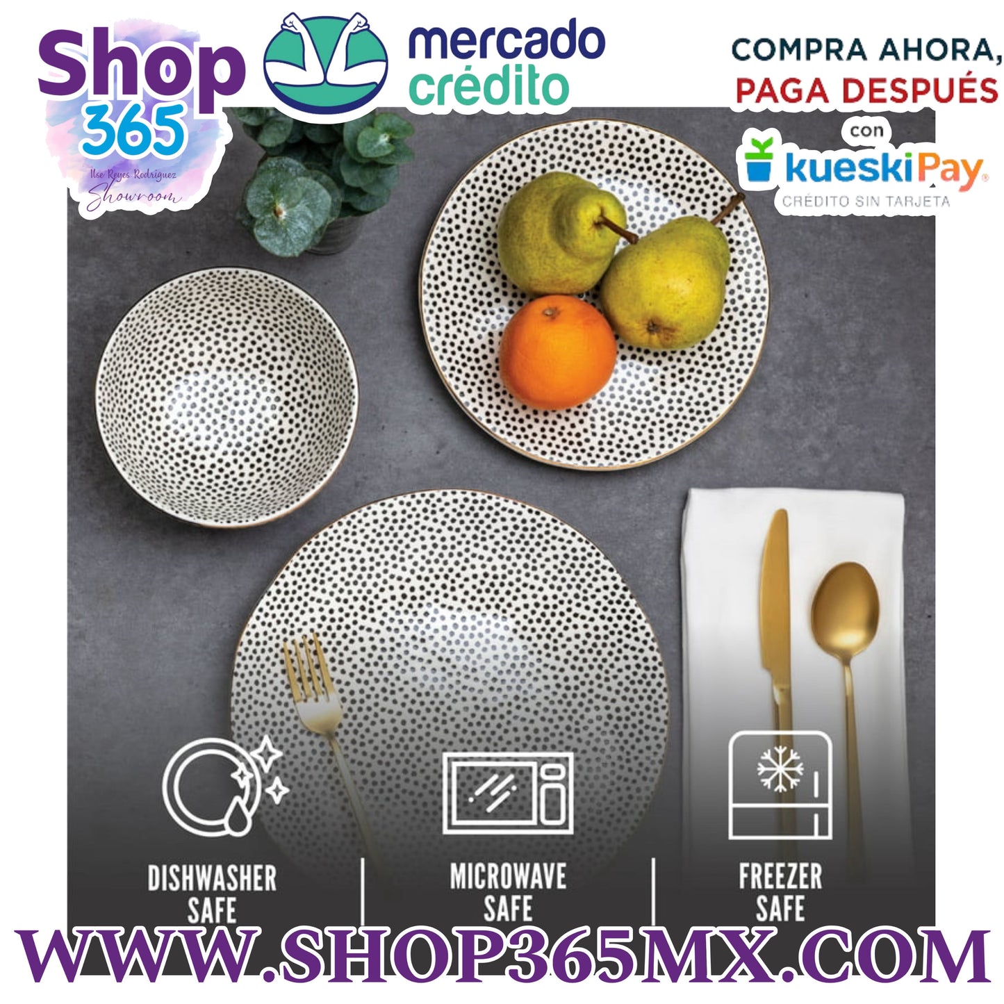 Thyme & Table Juego de Vajilla de 12 Piezas con Lunares Azules
