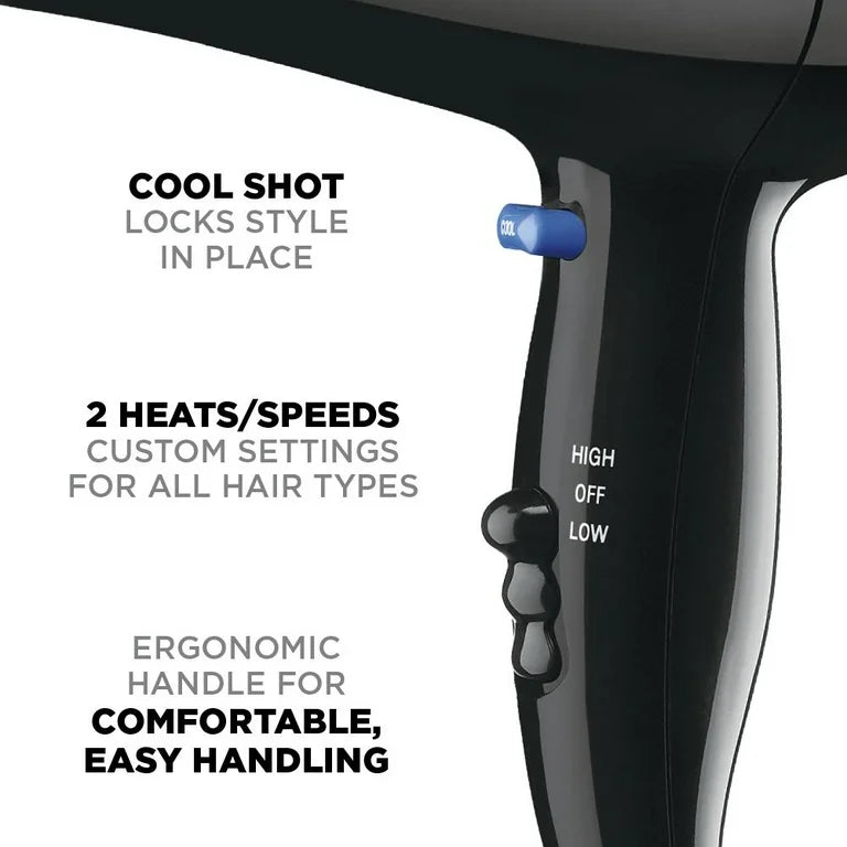 Mid Size Conair Secador de Pelo de Cerámica, 1875 Vatios, Compacto, de Secado Rápido, Negr