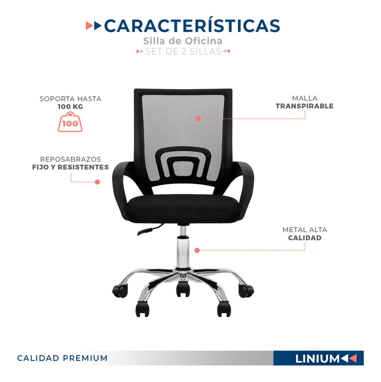 Silla para oficina escritorio ergonomica Premium Set 2 piezas color negro material de tapizado malla