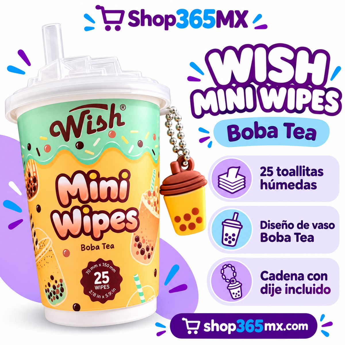 Wish Mini Wipes Boba Tea – 25 Toallitas Húmedas con Dije