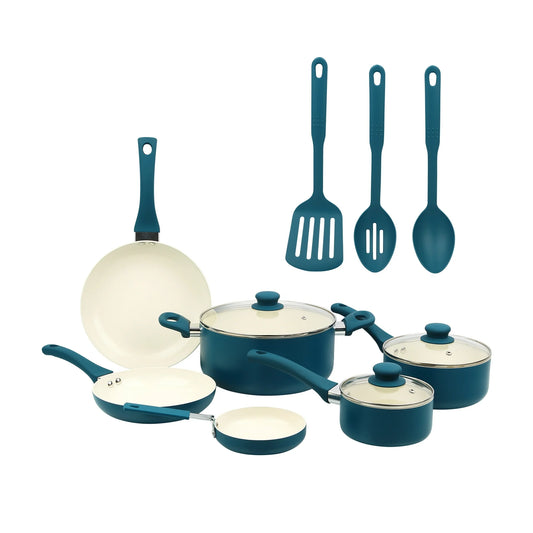 Mainstays Batería de Cocina de Aluminio Antiadherente de Cerámica de 12 Piezas, Azul