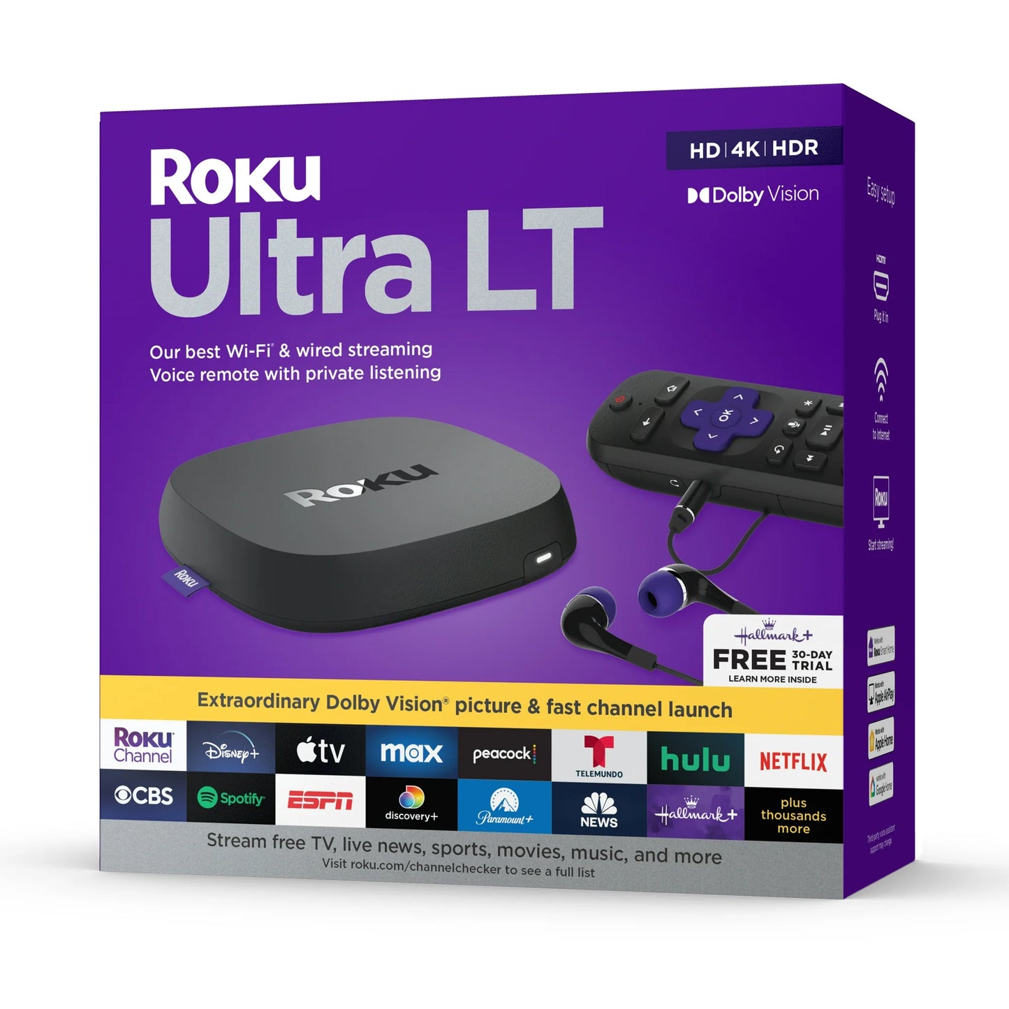 Roku Dispositivo de Transmisión Ultra LT 4K HDR Dolby Vision wifi de Doble Banda con Control Remoto por Voz Roku y Cable HDMI