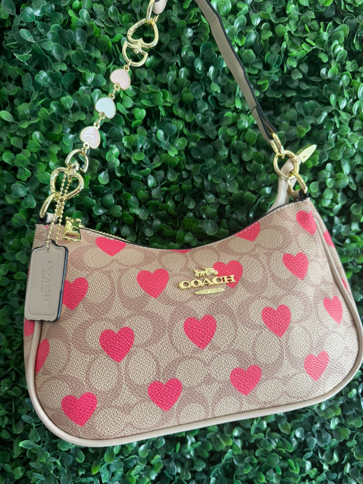 A BOLSA COACH CAFE CLARO CORAZONES ROSAS
