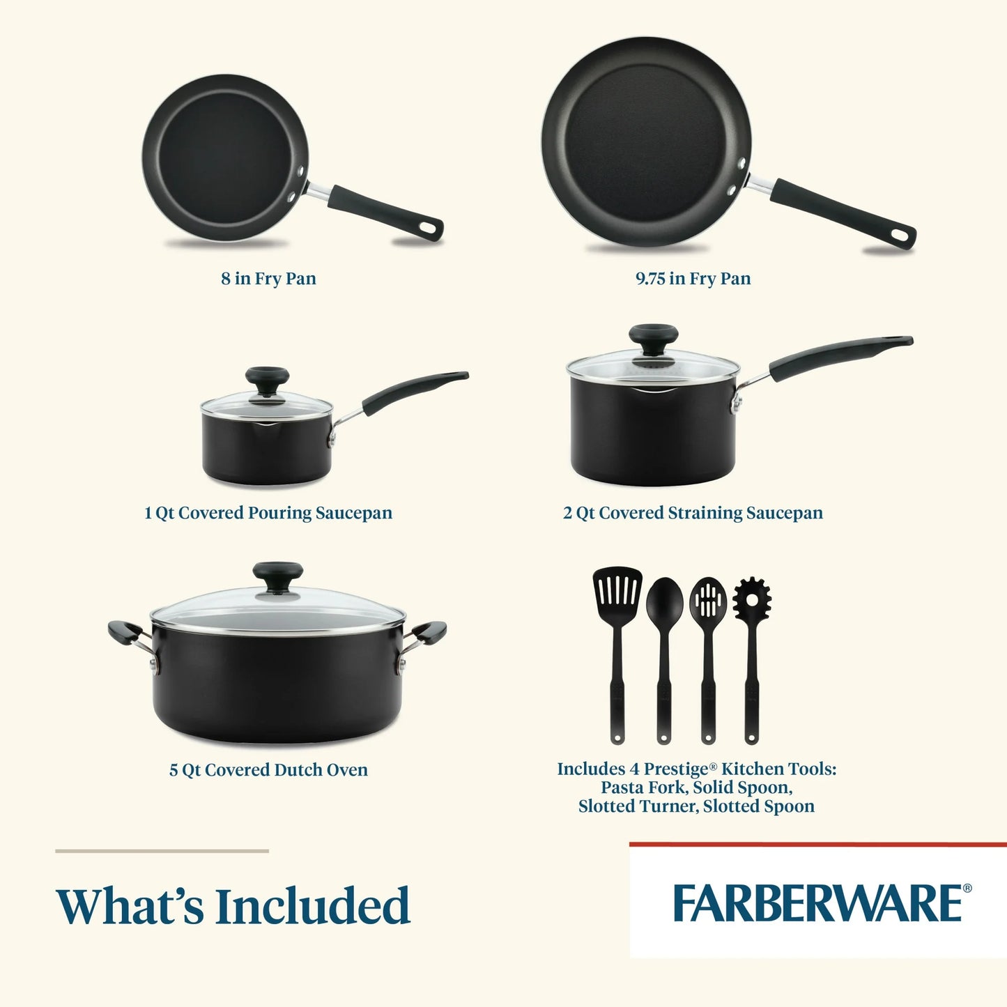 Farberware Juego de Ollas y Sartenes/cocina Antiadherentes Easy Clean de 12 Piezas, Negro