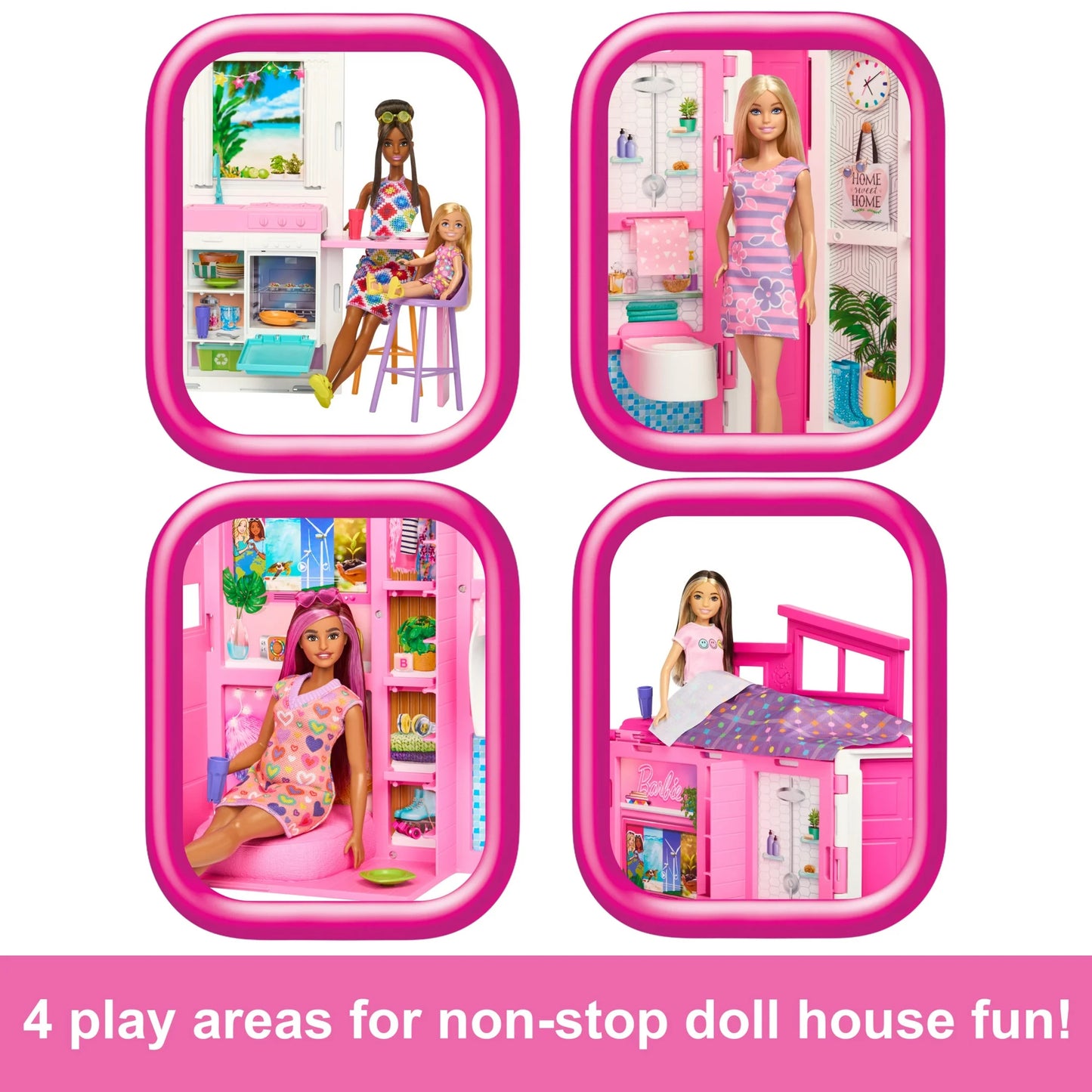 Barbie Casa de Escapada, Juego de Casa de Muñecas con 4 Áreas de Juego, 2 Sillas, Juego de 360 y Accesorios